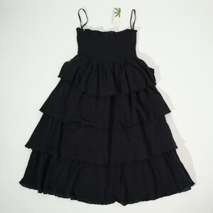 Palm Island Black Smocked Tiered Ruffle Midi Dress Spaghetti Strap Size S